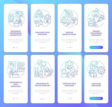 Mental health at workplace blue gradient onboarding mobile app screen set. Walkthrough 4 steps graphic instructions with linear concepts. UI, UX, GUI template vector