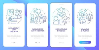 Caring leadership blue gradient onboarding mobile app screen. Empower employees walkthrough 4 steps graphic instructions with linear concepts. UI, UX, GUI template vector