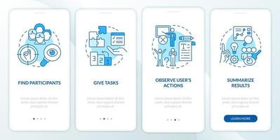 Usability testing tasks blue onboarding mobile app screen. UX process walkthrough 4 steps editable graphic instructions with linear concepts. UI, UX, GUI template vector