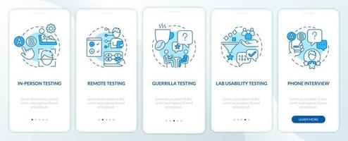 Usability testing methods blue onboarding mobile app screen. Assess walkthrough 5 steps editable graphic instructions with linear concepts. UI, UX, GUI template vector