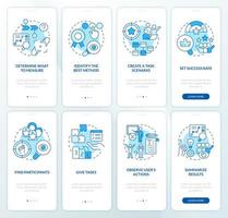 Usability test plan blue onboarding mobile app screen set. Evaluation walkthrough 4 steps editable graphic instructions with linear concepts. UI, UX, GUI template vector