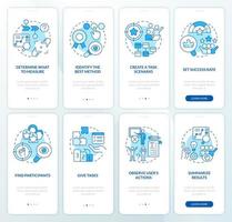 Usability test plan blue onboarding mobile app screen set. Evaluation walkthrough 4 steps editable graphic instructions with linear concepts. UI, UX, GUI template vector