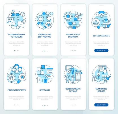 Usability test plan blue onboarding mobile app screen set. Evaluation walkthrough 4 steps editable graphic instructions with linear concepts. UI, UX, GUI template