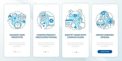 Advantages of usability testing blue onboarding mobile app screen. Walkthrough 4 steps editable graphic instructions with linear concepts. UI, UX, GUI template vector