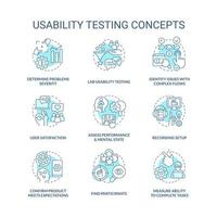 Usability testing turquoise concept icons set. Conduct user experience research design idea thin line color illustrations. Isolated symbols. Editable stroke vector