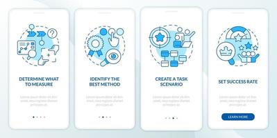 Usability testing strategy blue onboarding mobile app screen. Research walkthrough 4 steps editable graphic instructions with linear concepts. UI, UX, GUI template vector