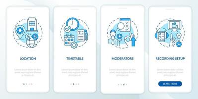 Usability testing logistical parts blue onboarding mobile app screen. Walkthrough 4 steps editable graphic instructions with linear concepts. UI, UX, GUI template vector