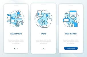 Structure of usability test session blue onboarding mobile app screen. Walkthrough 3 steps editable graphic instructions with linear concepts. UI, UX, GUI template vector