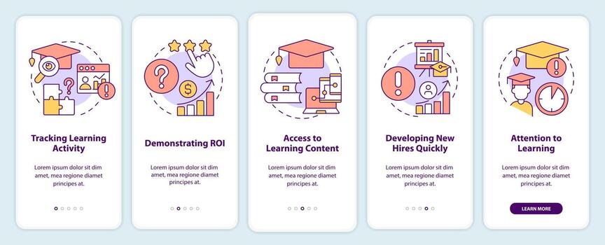 Challenges of corporate learning onboarding mobile app screen. Walkthrough 5 steps editable graphic instructions with linear concepts. UI, UX, GUI template vector