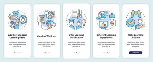 Improve online corporate training onboarding mobile app screen. Walkthrough 5 steps editable graphic instructions with linear concepts. UI, UX, GUI template vector