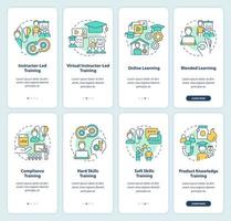 Corporate training programs onboarding mobile app screen set. Skills walkthrough 4 steps editable graphic instructions with linear concepts. UI, UX, GUI template vector