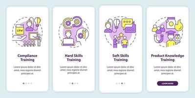 Types of training programs onboarding mobile app screen. Knowledge walkthrough 4 steps editable graphic instructions with linear concepts. UI, UX, GUI template vector