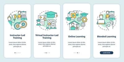 cómo organizar la capacitación corporativa incorporando la pantalla de la aplicación móvil. tutorial 4 pasos instrucciones gráficas editables con conceptos lineales. interfaz de usuario, ux, plantilla de interfaz gráfica de usuario vector