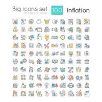 Inflation RGB color icons set. Increasing prices. Currency value. Economic crisis. Isolated vector illustrations. Simple filled line drawings collection. Editable stroke