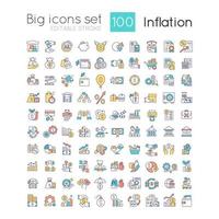 conjunto de iconos de color rgb de inflación. aumentando los precios. valor de la moneda crisis económica. ilustraciones vectoriales aisladas. colección de dibujos de líneas llenas simples. trazo editable vector