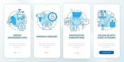 Strategy of discount blue onboarding mobile app screen. Business walkthrough 4 steps editable graphic instructions with linear concepts. UI, UX, GUI template vector