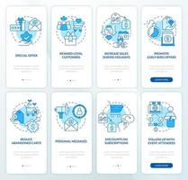Discount strategy blue onboarding mobile app screen set. Sales walkthrough 4 steps editable graphic instructions with linear concepts. UI, UX, GUI template vector