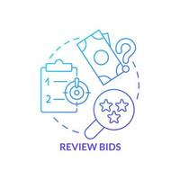 Review bids blue gradient concept icon. Procurement management plan abstract idea thin line illustration. Preliminary examination. Bid evaluation. Isolated outline drawing vector