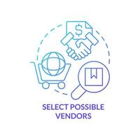 Select possible vendors blue gradient concept icon. Basic procurement step abstract idea thin line illustration. Choose supplier. Required products. Isolated outline drawing vector