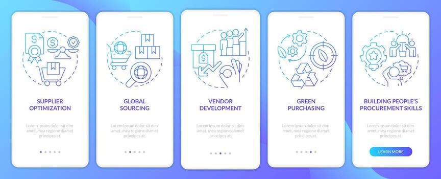 Sourcing strategies in procurement blue gradient onboarding mobile app screen. Walkthrough 5 steps graphic instructions with linear concepts. UI, UX, GUI template vector