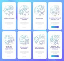 Successful procurement plan blue gradient onboarding mobile app screen set. Walkthrough 4 steps graphic instructions with linear concepts. UI, UX, GUI template vector