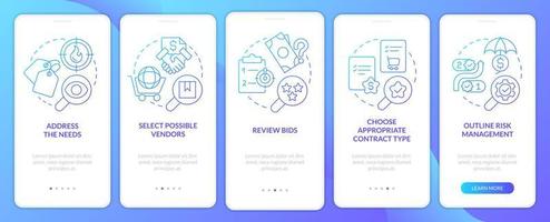 Procurement management plan blue gradient onboarding mobile app screen. Walkthrough 5 steps graphic instructions with linear concepts. UI, UX, GUI template vector