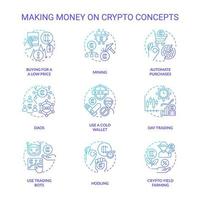 Ganar dinero con el conjunto de iconos de concepto de gradiente azul criptográfico. minería de criptomonedas. ideas de finanzas digitales ilustraciones en color de línea delgada. simbolos aislados vector