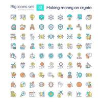 Making money on crypto RGB color icons set. Cryptocurrency stock market. Isolated vector illustrations. Simple filled line drawings collection. Editable stroke