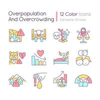 Overpopulation and overcrowding RGB color icons set. Global problems impact. Isolated vector illustrations. Simple filled line drawings collection. Editable stroke