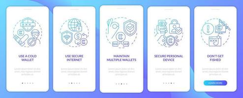 Crypto wallet security blue gradient onboarding mobile app screen. Earnings walkthrough 5 steps graphic instructions with linear concepts. UI, UX, GUI template vector