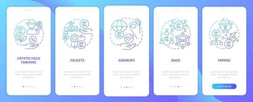 Ways to make money on crypto blue gradient onboarding mobile app screen. Walkthrough 5 steps graphic instructions with linear concepts. UI, UX, GUI template vector