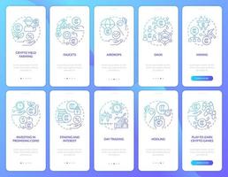 Making money on crypto blue gradient onboarding mobile app screen set. Walkthrough 5 steps graphic instructions with linear concepts. UI, UX, GUI template vector