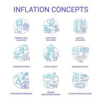 Inflation blue gradient concept icons set. Types and causes. Increasing prices. Purchasing power idea thin line color illustrations. Isolated symbols vector