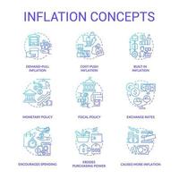 conjunto de iconos de concepto de gradiente azul de inflación. tipos y causas. aumentando los precios. idea de poder adquisitivo ilustraciones en color de línea delgada. simbolos aislados vector