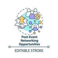 Post event networking opportunities concept icon. Planning small event abstract idea thin line illustration. Isolated outline drawing. Editable stroke vector