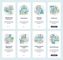 Types of corporate events onboarding mobile app screen set. Business walkthrough 4 steps editable graphic instructions with linear concepts. UI, UX, GUI template vector