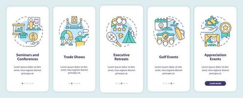 Corporate events types onboarding mobile app screen. Business walkthrough 5 steps editable graphic instructions with linear concepts. UI, UX, GUI template vector