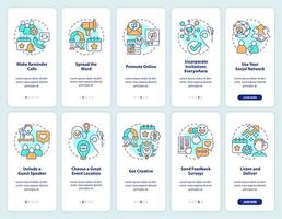 aumentar la asistencia a la reunión incorporando el conjunto de pantallas de aplicaciones móviles. tutorial 5 pasos instrucciones gráficas editables con conceptos lineales. interfaz de usuario, ux, plantilla de interfaz gráfica de usuario vector