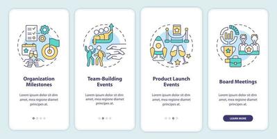 Corporate events examples onboarding mobile app screen. Company walkthrough 4 steps editable graphic instructions with linear concepts. UI, UX, GUI template vector