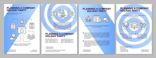 Planning company holiday party blue brochure template. Informal event. Leaflet design with linear icons. 4 vector layouts for presentation, annual reports