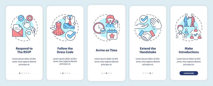Common business event etiquette rules onboarding mobile app screen. Walkthrough 5 steps editable graphic instructions with linear concepts. UI, UX, GUI template vector