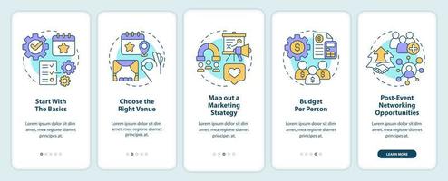 Planning small event onboarding mobile app screen. Organization walkthrough 5 steps editable graphic instructions with linear concepts. UI, UX, GUI template vector