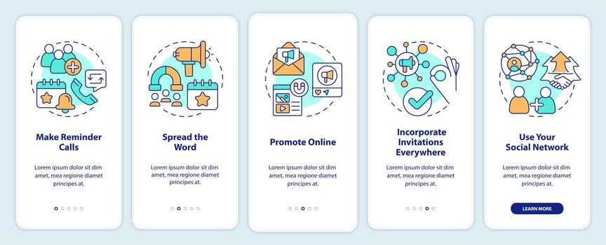 Engaging guests on business meeting onboarding mobile app screen. Walkthrough 5 steps editable graphic instructions with linear concepts. UI, UX, GUI template vector