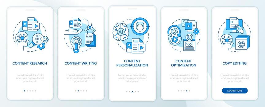 AI in content blue onboarding mobile app screen. Business online walkthrough 5 steps editable graphic instructions with linear concepts. UI, UX, GUI template vector