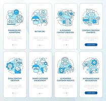 Ai integration in marketing blue onboarding mobile app screen set. Walkthrough 4 steps editable graphic instructions with linear concepts. UI, UX, GUI template vector