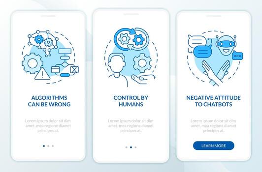 Cons of AI marketing blue onboarding mobile app screen. Problems walkthrough 3 steps editable graphic instructions with linear concepts. UI, UX, GUI template vector