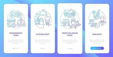 posiciones clave en la pantalla de la aplicación móvil de incorporación de degradado azul del restaurante. Instrucciones gráficas de 4 pasos con conceptos lineales. interfaz de usuario, ux, plantilla de interfaz gráfica de usuario vector