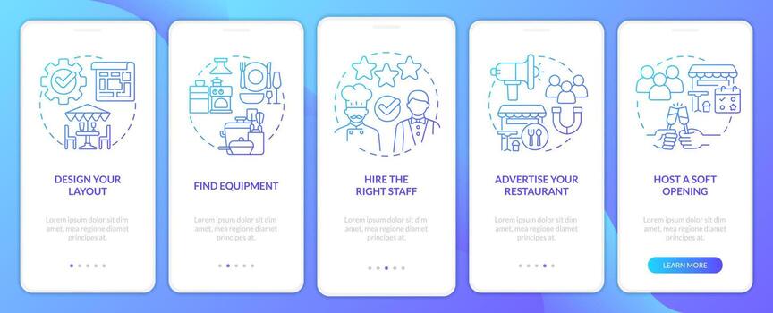 Planning for new restaurant blue gradient onboarding mobile app screen. Walkthrough 5 steps graphic instructions with linear concepts. UI, UX, GUI template vector