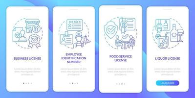 Restaurant licensing blue gradient onboarding mobile app screen. Walkthrough 4 steps graphic instructions with linear concepts. UI, UX, GUI template vector