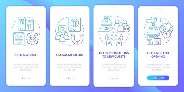 Restaurant marketing ideas blue gradient onboarding mobile app screen. Walkthrough 4 steps graphic instructions with linear concepts. UI, UX, GUI template vector